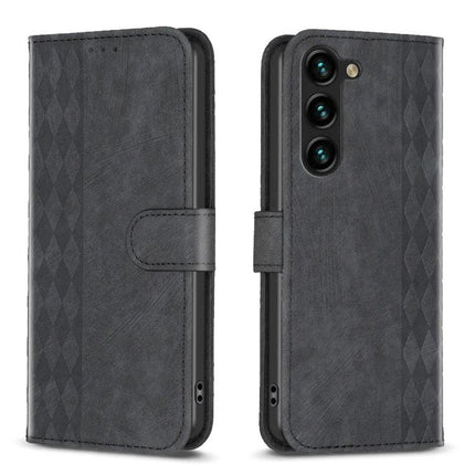 Plaid Embossed Leather Phone Case For Everyday Carry With Card Slots And Cash Pocket gray wallet-style phone case with card slots and magnetic clasp