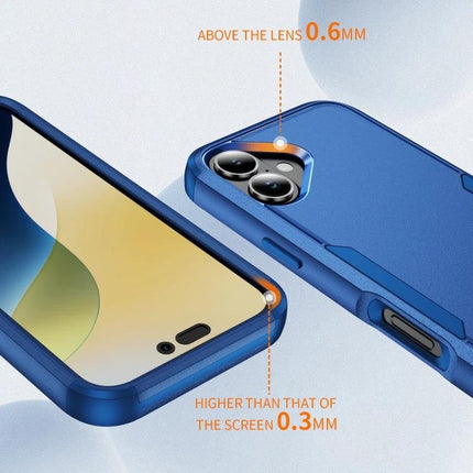 iPhone 16 Shockproof Case for Everyday Protection showing blue TPU+PC raised camera and screen lip details (0.6mm camera, 0.3mm screen)