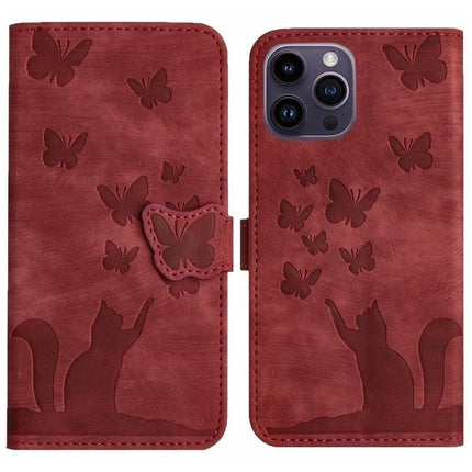 Leather Flip Phone Case With Card Slot For Daily Use - red PU leather wallet case with cat and butterfly embossing, card slots and TPU shell