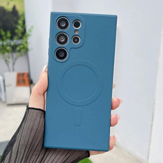 Samsung Galaxy Silicone Case For Everyday Protection in teal soft liquid silicone showing camera cutouts and MagSafe circle, slim grippy pocket-friendly cover