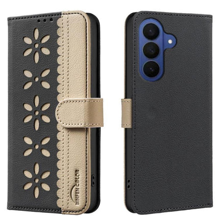 RFID Leather Wallet Case For Samsung Galaxy S26 Ultra 5G With 3 Card Slots - black beige hollow flower pattern, 3-card slot, kickstand, TPU inner shell