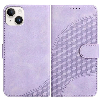 YX0060 Elephant Head Embossed PU Leather Case Lanyard For iPhone 15 Pro Max - lavender PU leather wallet case with embossed geometric elephant head pattern and stand