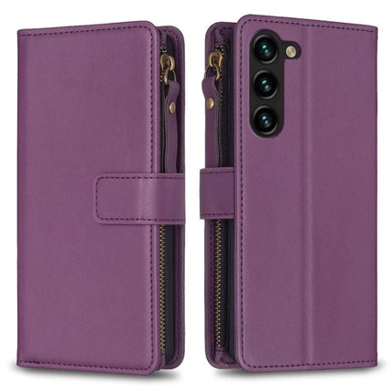 Leather Flip Wallet Case for Everyday Phone Storage in purple PU leather with zippered pocket, card slots and TPU frame stand