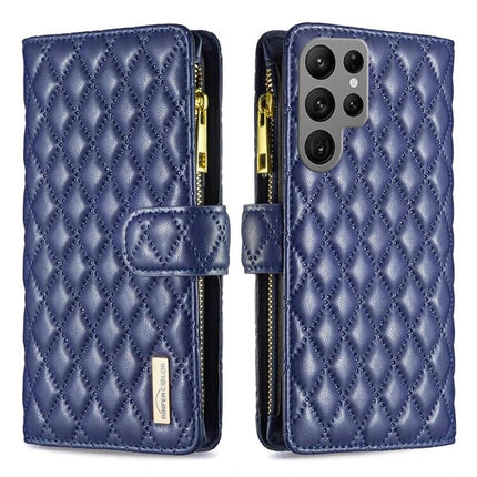 Versatile Flip Case With Card Slot in quilted navy PU with zipper pocket and magnetic clasp for up to six cards