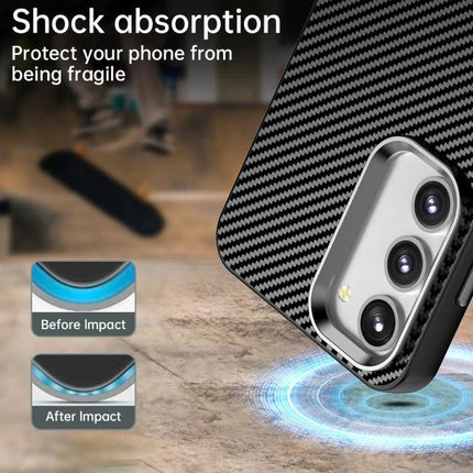 Samsung Galaxy S23 Case Everyday Protection carbon-fiber textured slim shock-absorption case showing camera cutout and impact before/after