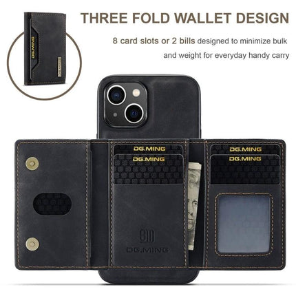 DG.MING Leather Wallet Case for Daily iPhone Carry showing three-fold leather wallet with multiple card slots, cash pocket and durable PC/TPU phone shell