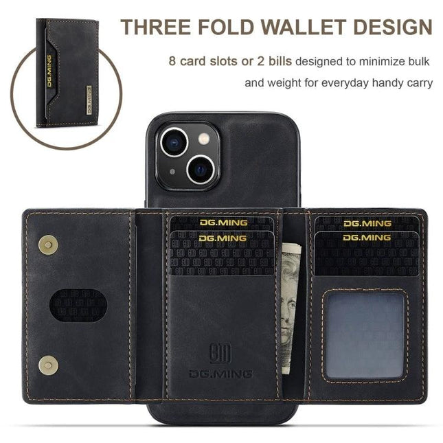 DG.MING Leather Wallet Case for Daily iPhone Carry showing three-fold leather wallet with multiple card slots, cash pocket and durable PC/TPU phone shell