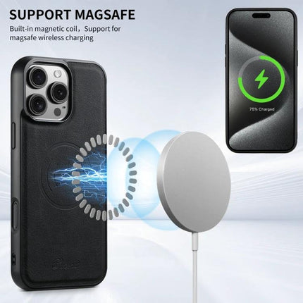 Durable Suteni Wallet Phone Case for Everyday Carry shown with MagSafe wireless charger and magnetic 2-in-1 detachable wallet feature