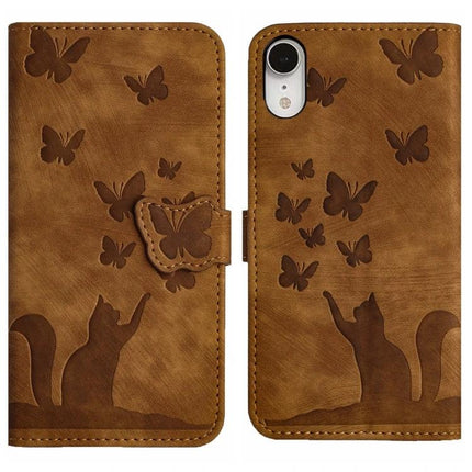 Butterfly Leather Flip Case With Card Slot brown faux leather wallet case with embossed butterflies and cat silhouette