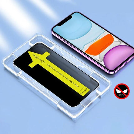 iPhone Everyday Use Tempered Glass Screen Protector on purple iPhone with installation alignment tray, anti-fingerprint clear shield for daily use