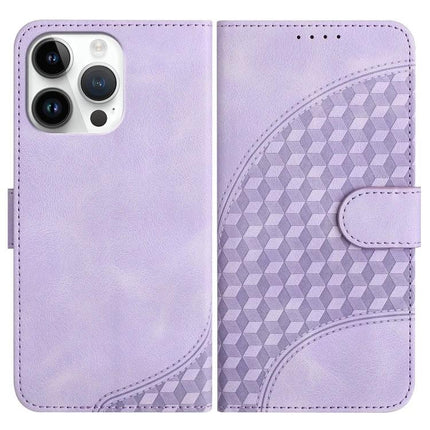 YX0060 Elephant Head Embossed PU Leather Case Lanyard For iPhone 15 Pro Max in lavender with geometric embossed pattern, card slot and stand