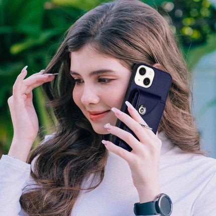 Organ Card Holder Ring Case For IPhone 13 Mini 12 Pro Max 6 Card Slots - navy PU wallet case with ring holder shown on iPhone held by woman