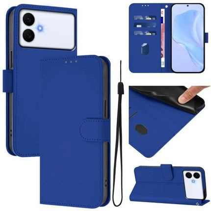 Solid Color Leather Phone Case With Lanyard For Daily Carry And Everyday Use Hands Free - blue wallet folio with card slots, TPU inner shell, wrist lanyard