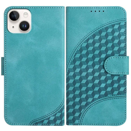 YX0060 Elephant Head Embossed PU Leather Case Lanyard For iPhone 15 Pro Max in teal with geometric embossed pattern, card slot and kickstand
