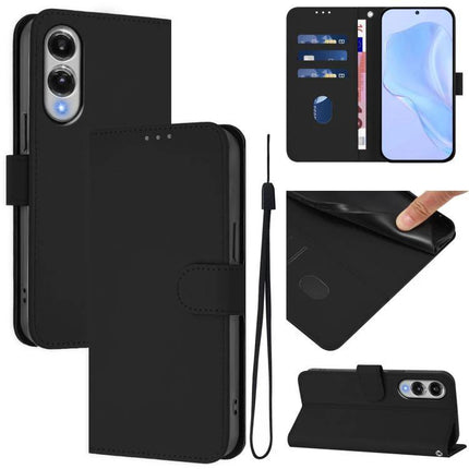 Leather Phone Case With Card Storage in black PU leather wallet style with TPU backing, card slots, wrist strap and kickstand