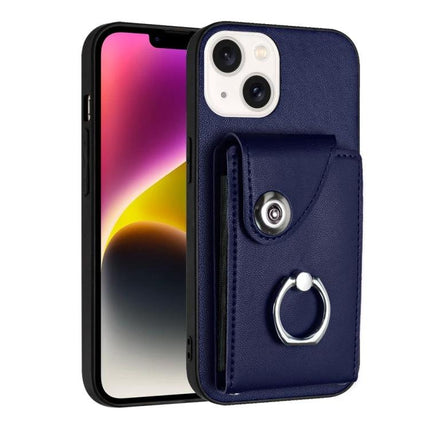 Organ Card Bag Ring Holder Wallet Case For IPhone 15 14 Plus 14 14 Pro navy blue PU wallet case with ring holder and six card slots