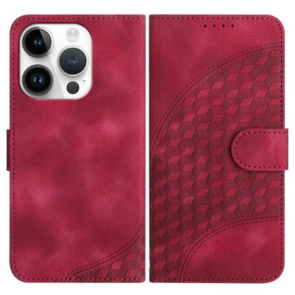 YX0060 Elephant Head Embossed PU Leather Case Lanyard For iPhone 15 Pro Max - red embossed folio case with built-in stand, card slot and lanyard cutouts
