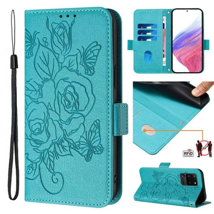 Leather Phone Case With Card Slots For Daily Errands - teal floral RFID wallet case with kickstand and wrist strap