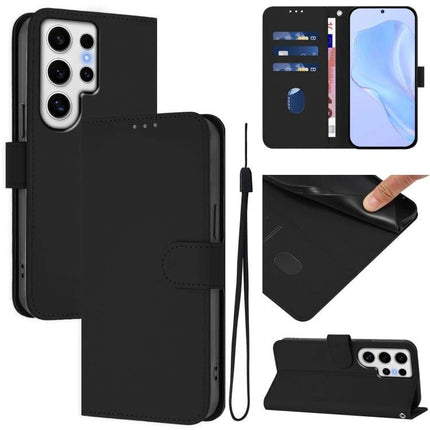 Leather Phone Case For Everyday Carry Essentials Simple Protective Case For Daily Errands On The Go - black PU leather wallet case with card slots, stand and wrist strap