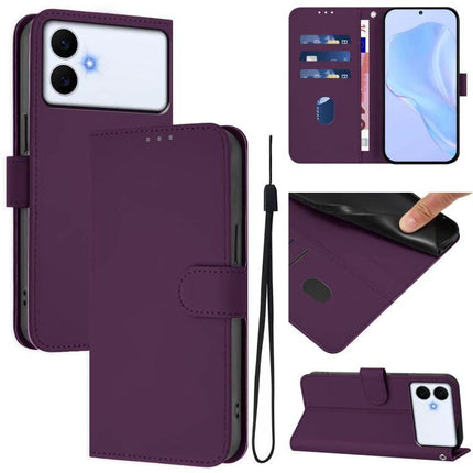Solid Color Leather Phone Case With Lanyard For Daily Carry And Everyday Use Hands Free - purple wallet folio with card slots, TPU shell, wrist lanyard