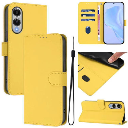 Leather Phone Case With Card Storage in yellow PU leather wallet style with TPU backing, card slots, wrist strap and kickstand