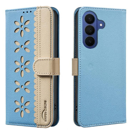 RFID Leather Wallet Case For Samsung Galaxy S26 Ultra 5G With 3 Card Slots blue splicing hollow flower pattern with built-in kickstand and 3 card slots