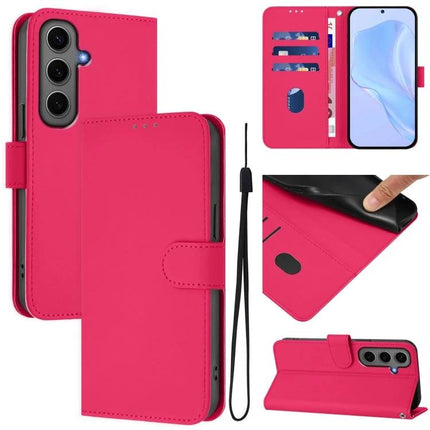 Leather Samsung Phone Case With Lanyard For Daily Hands Free Carry - pink PU leather wallet case with card slots, stand and detachable lanyard