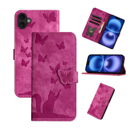 Butterfly Embossed Leather Phone Case For Everyday Carry - pink wallet case with card slots, TPU protection and embossed butterflies and cat