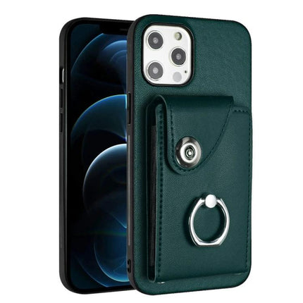 Organ Card Holder Ring Case For IPhone 13 Mini 12 Pro Max 6 Card Slots - green PU leather wallet case with ring holder and 6 card slots