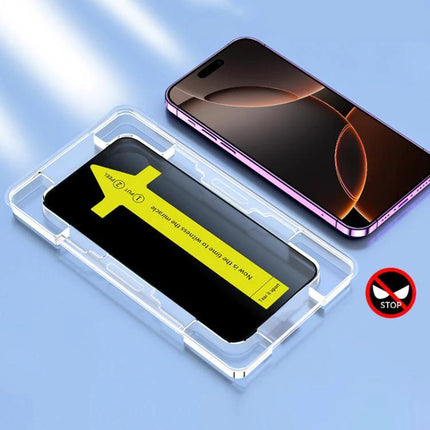 iPhone Everyday Use Tempered Glass Screen Protector installed on iPhone with alignment tray showing ultra-thin clear film protecting display