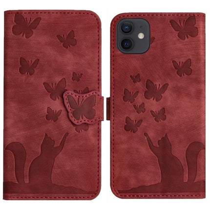Stylish Flip Leather Phone Case With Card Slots - red butterfly and cat embossed PU leather wallet case with card slots