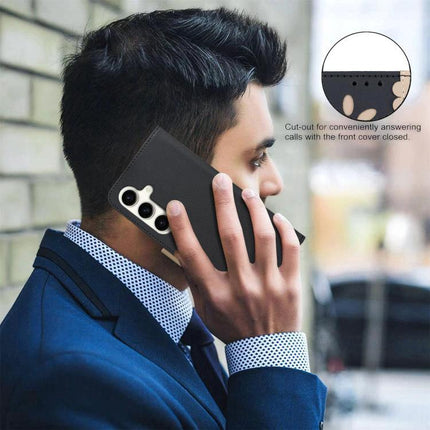 RFID Leather Wallet Case For Samsung Galaxy S23 Series Hollow Flower Pattern showing man using kickstand and answering call with cover closed