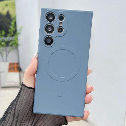 Samsung Galaxy Silicone Case For Everyday Protection in matte blue showing camera cutouts, tactile button covers and MagSafe-style ring