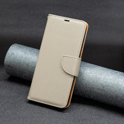 Leather Flip Phone Case With Card Slots in beige PU leather with magnetic clasp and kickstand, slim wallet-style protection