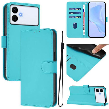 Solid Color Leather Phone Case With Lanyard For Daily Carry And Everyday Use Hands Free turquoise wallet-style phone case with card slots and wrist strap