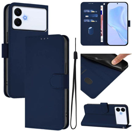 Solid Color Leather Phone Case With Lanyard For Daily Carry And Everyday Use Hands Free - navy blue wallet folio with card slots and wrist strap