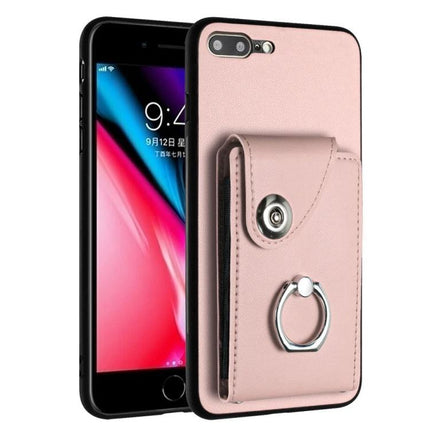 Organ Card Holder Case For iPhone 8 Plus 7 Plus With Ring Stand And 6 Card Slots - pink PU leather wallet case with ring stand and 6 card slots