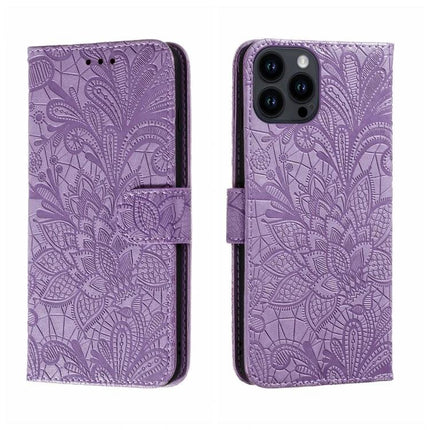 Leather Flip Case for iPhone Everyday Protection - purple embossed leather flip wallet with built-in stand and 360-degree shock-absorbing corners
