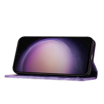 Leather Phone Case With Card Slots For Everyday Use - purple folio stand showing phone display and card slot wallet protection