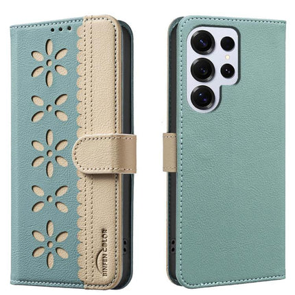 RFID Leather Wallet Case For Samsung Galaxy S23 Series Hollow Flower Pattern in teal and beige with card slots, kickstand and RFID protection
