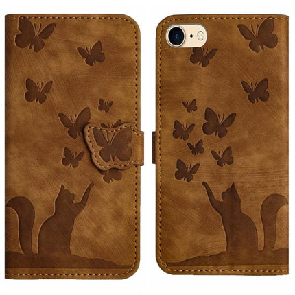 Leather Phone Case With Card Slot For Daily Use - brown PU leather wallet case with embossed cat and butterfly design, card slot and TPU core protection