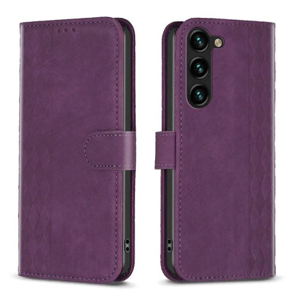 Plaid Embossed Leather Phone Case For Everyday Carry With Card Slots And Cash Pocket - purple wallet-style folio with magnetic strap, card slots and camera cutout