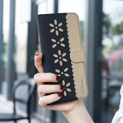RFID Leather Wallet Case For Samsung Galaxy S26 Ultra 5G With 3 Card Slots - black beige hollow flower PU leather wallet case with kickstand