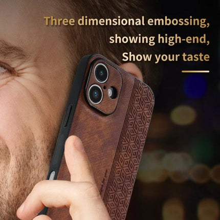 AZNS Phone Case For Everyday iPhone Protection - brown TPU and leather embossed iPhone case showing precise fit and button access