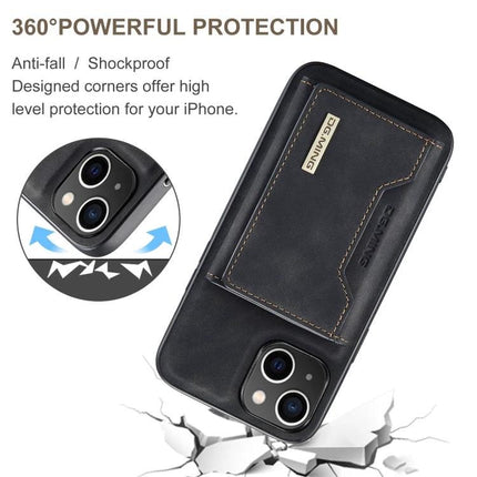 DG.MING Leather Wallet Case for Daily iPhone Carry showing black leather wallet case with card slot, PC inner shell and TPU edges, 360° shockproof protection