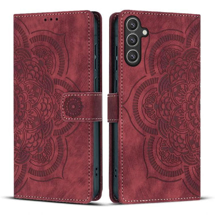 Leather Phone Case With Card Storage For Everyday Use in red PU leather wallet style with embossed floral mandala design and multiple card slots