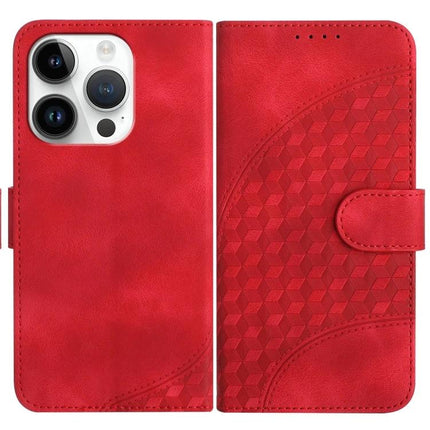 YX0060 Elephant Head Embossed PU Leather Case Lanyard For iPhone 15 Pro Max red wallet folio with embossed geometric elephant head pattern, card slots, stand