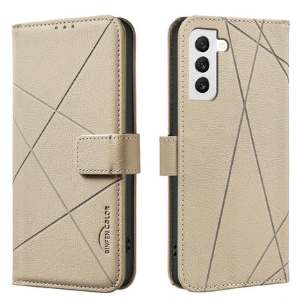 Geometric Pattern RFID PU Leather Case With Card Wallet For Galaxy S21 Series showing beige embossed geometric wallet cover with card slots and RFID protection