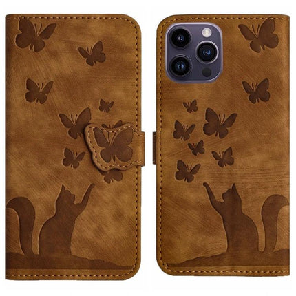 Leather Flip Case for Daily Phone and Card Organization with brown embossed cat and butterfly design, PU leather wallet case with card slots