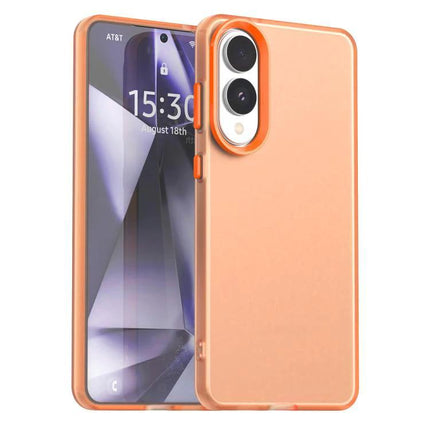 Protective Candy Case for Samsung Galaxy S25 slim hybrid TPU PC PET orange case showing front and back, raised camera lip and easy-grip finish